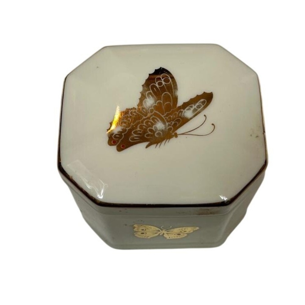 Takahashi‎ Porcelain Trinket Box Hand Decorated Butterflies Gold Octagon
